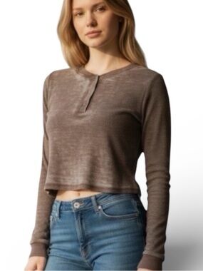 Self Esteem Rust Waffle Knit Henley Crop Top Medium Long Sleeve